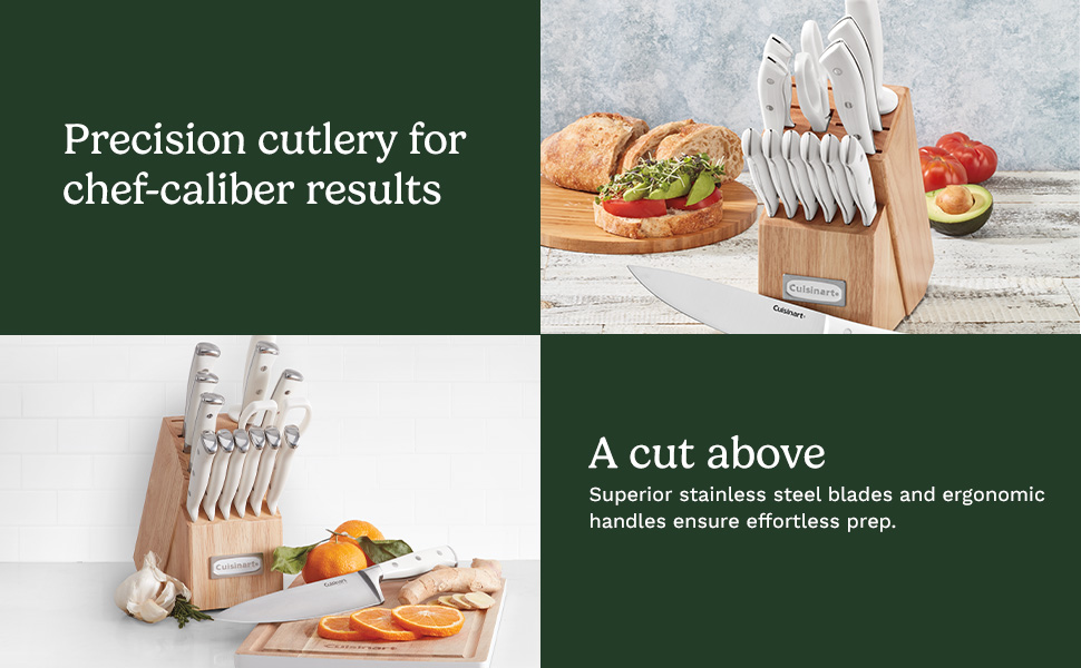 Cuisinart 15-Piece Knife Set with Block, High Carbon Stainless Steel, Forged Triple Rivet, White, C77WTR-15P