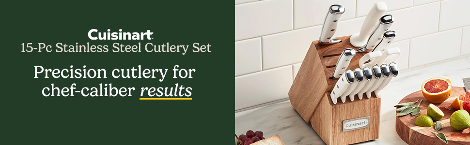 Cuisinart 15-Piece Knife Set with Block, High Carbon Stainless Steel, Forged Triple Rivet, White, C77WTR-15P