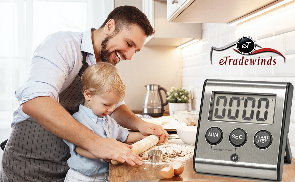 Elegant Digital Kitchen Timer, Stainless Steel Model eT-78, Displays 0-99 Min. or 0-99 Hr., Super Strong Magnet, Volume Switch for Mute/Soft/Loud Alarm, Auto Shut Off, Auto Memory by eTradewinds