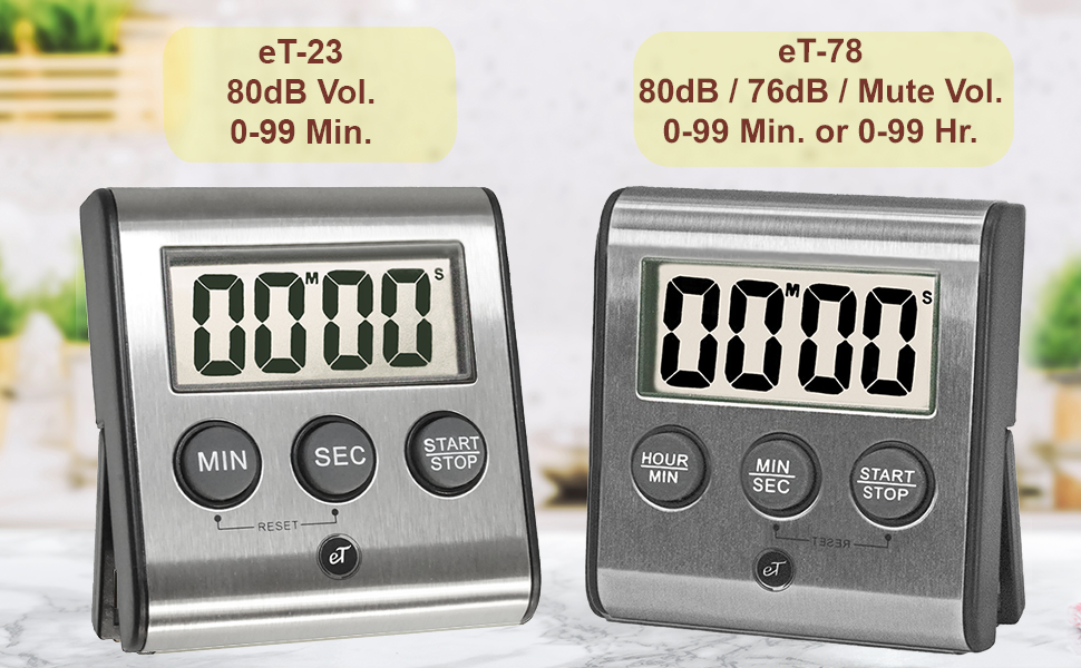 Elegant Digital Kitchen Timer, Stainless Steel Model eT-78, Displays 0-99 Min. or 0-99 Hr., Super Strong Magnet, Volume Switch for Mute/Soft/Loud Alarm, Auto Shut Off, Auto Memory by eTradewinds