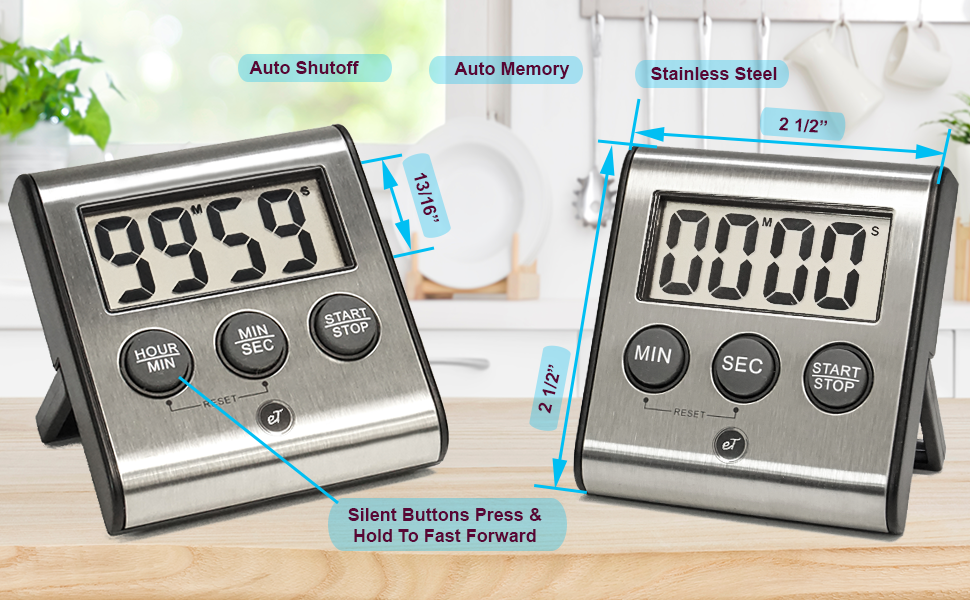 Elegant Digital Kitchen Timer, Stainless Steel Model eT-78, Displays 0-99 Min. or 0-99 Hr., Super Strong Magnet, Volume Switch for Mute/Soft/Loud Alarm, Auto Shut Off, Auto Memory by eTradewinds