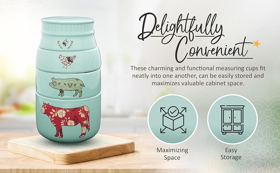 Pavilion Gift Company - 'Live Simply Bee, Chicken, Pig, and Cow' - 4-Piece Stoneware Measuring Cups Set, Sturdy Farmhouse-Style Kitchenware for Home Baking, Cooking, Gifting - Teal, 8 Ounces