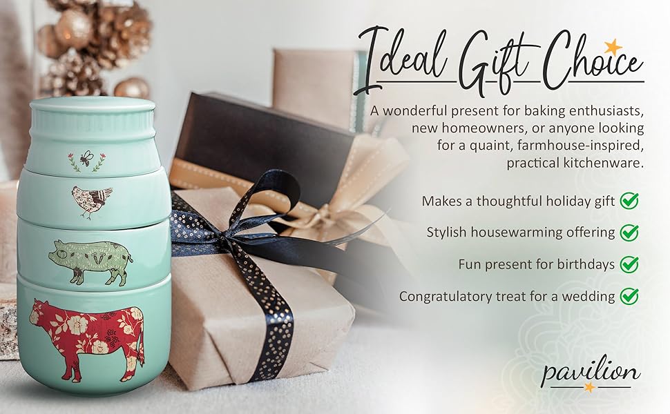 Pavilion Gift Company - 'Live Simply Bee, Chicken, Pig, and Cow' - 4-Piece Stoneware Measuring Cups Set, Sturdy Farmhouse-Style Kitchenware for Home Baking, Cooking, Gifting - Teal, 8 Ounces