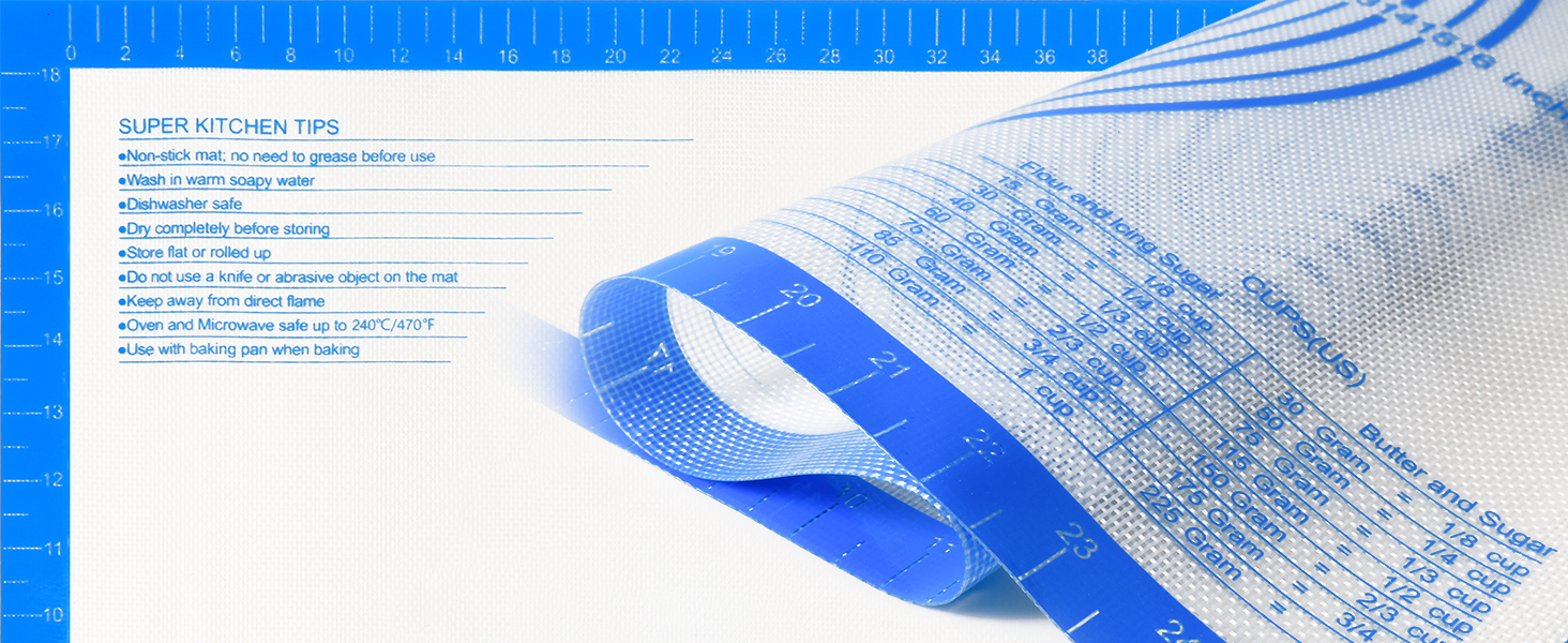 Nonstick Silicone Pastry Mat Extra Large with Measurements 28''By 20'' for Silicone Baking Mat, Counter, Dough Rolling,Fondant/Pie Crust By Folksy Super Kitchen (20×28, Blue)