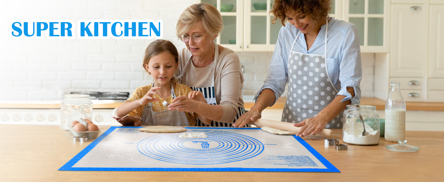 Nonstick Silicone Pastry Mat Extra Large with Measurements 28''By 20'' for Silicone Baking Mat, Counter, Dough Rolling,Fondant/Pie Crust By Folksy Super Kitchen (20×28, Blue)