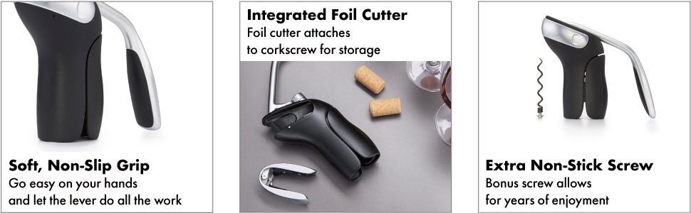 OXO Steel Vertical Lever Corkscrew with Removable Foil Cutter