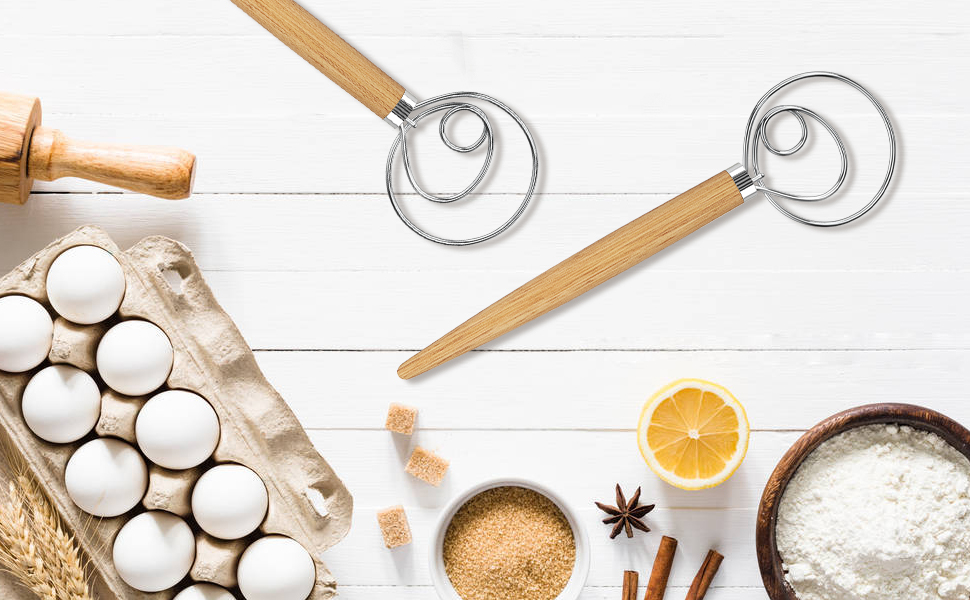 Acerich 2 Pack Danish Dough Whisk 13.5” Dough Whisk Stainless Steel Dutch Style Bread Whisk Wooden Handle Danish Whisk for Bread, Batter, Cake, Pastry