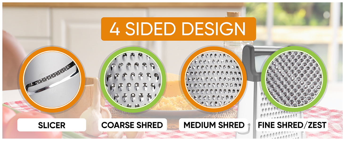 Spring Chef Professional Cheese Grater - Stainless Steel, XL Size, 4 Sides - Perfect Box Grater for Parmesan Cheese, Vegetables, Ginger - Dishwasher Safe - Black