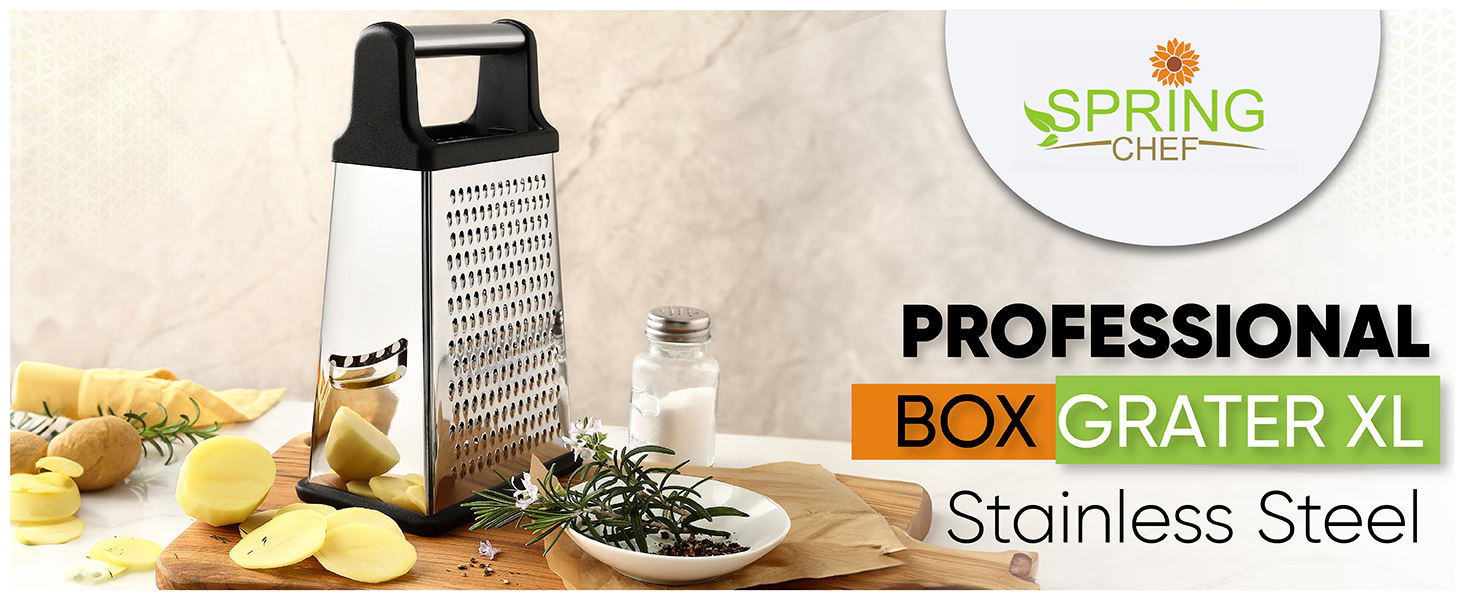 Spring Chef Professional Cheese Grater - Stainless Steel, XL Size, 4 Sides - Perfect Box Grater for Parmesan Cheese, Vegetables, Ginger - Dishwasher Safe - Black