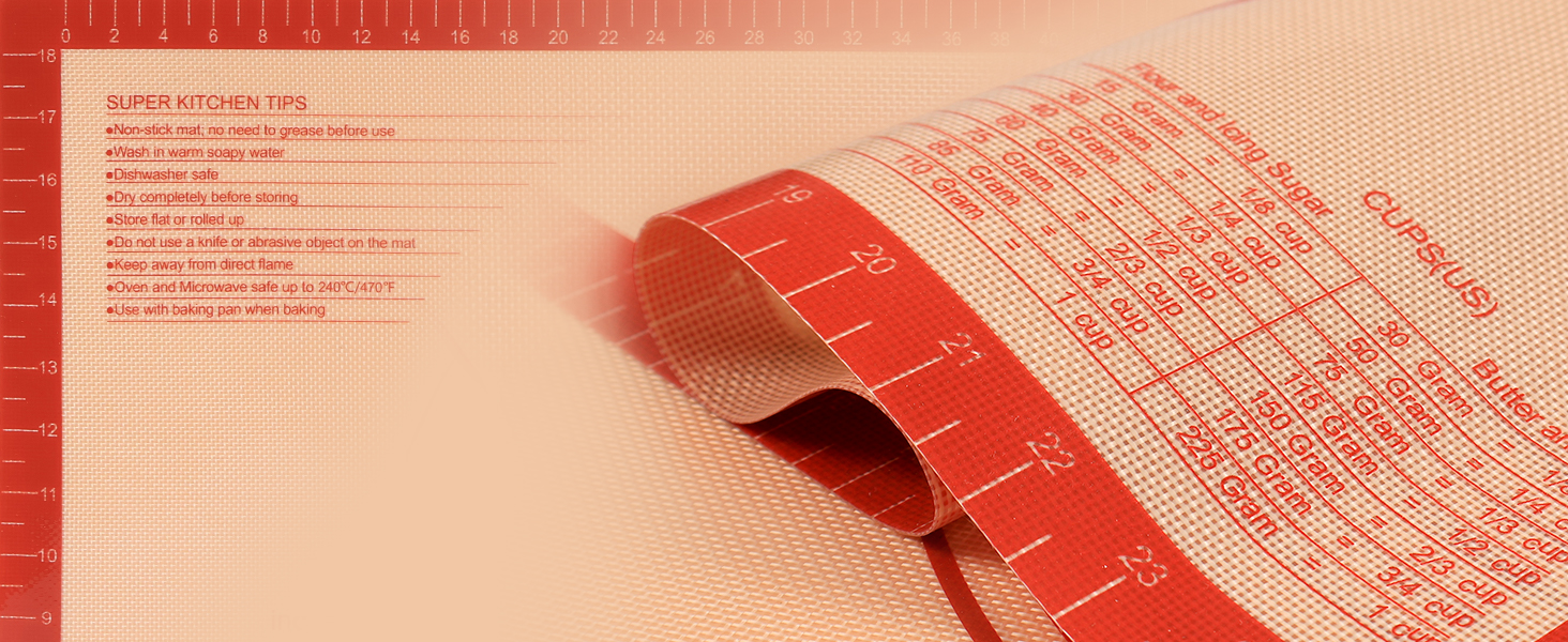 Non-slip Silicone Pastry Mat Extra Large with Measurements 16''By 26'' for Silicone Baking Mat, Counter Mat, Dough Rolling,Oven Liner,Fondant/Pie Crust By Folksy Super Kitchen Red