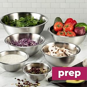 FineDine Stainless Steel Mixing Bowls Set, Dishwasher Safe, 6 Piece Metal Mixing Bowls For Kitchen, Nesting, Large, Small, Big Food Prep, Cooking, Baking