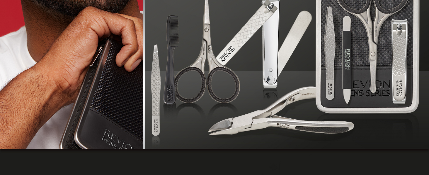 Revlon Men's Grooming Kit, 5-Piece Travel Essentials Set, Includes Nail Clippers, Scissors, File, Tweezers and Carrying Case, Stainless Steel, 1 count