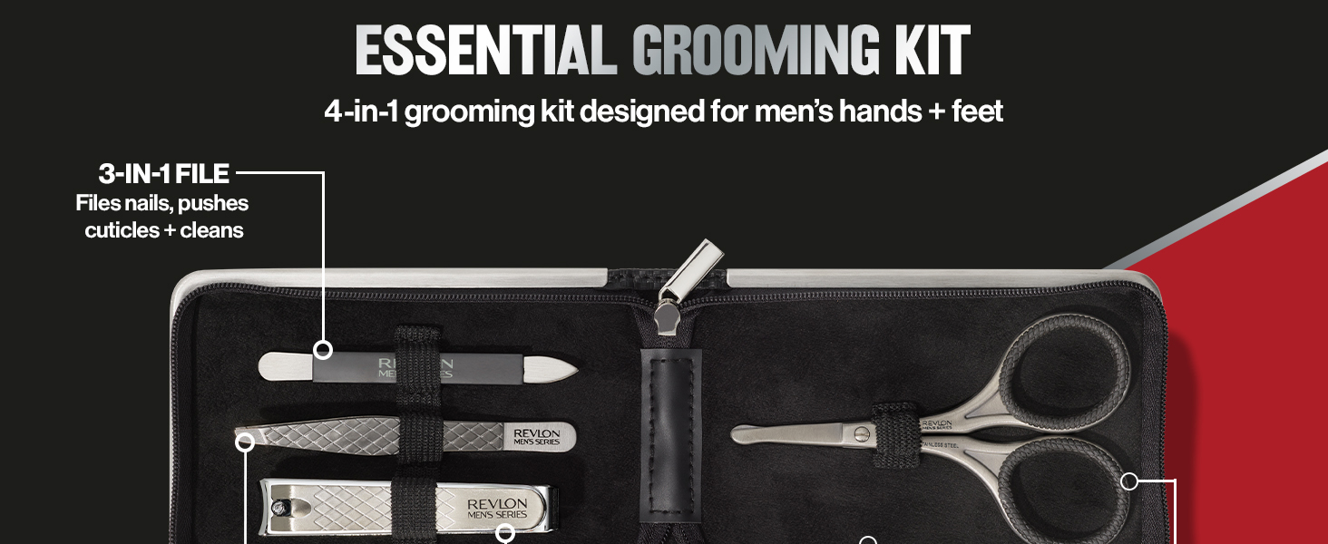 Revlon Men's Grooming Kit, 5-Piece Travel Essentials Set, Includes Nail Clippers, Scissors, File, Tweezers and Carrying Case, Stainless Steel, 1 count