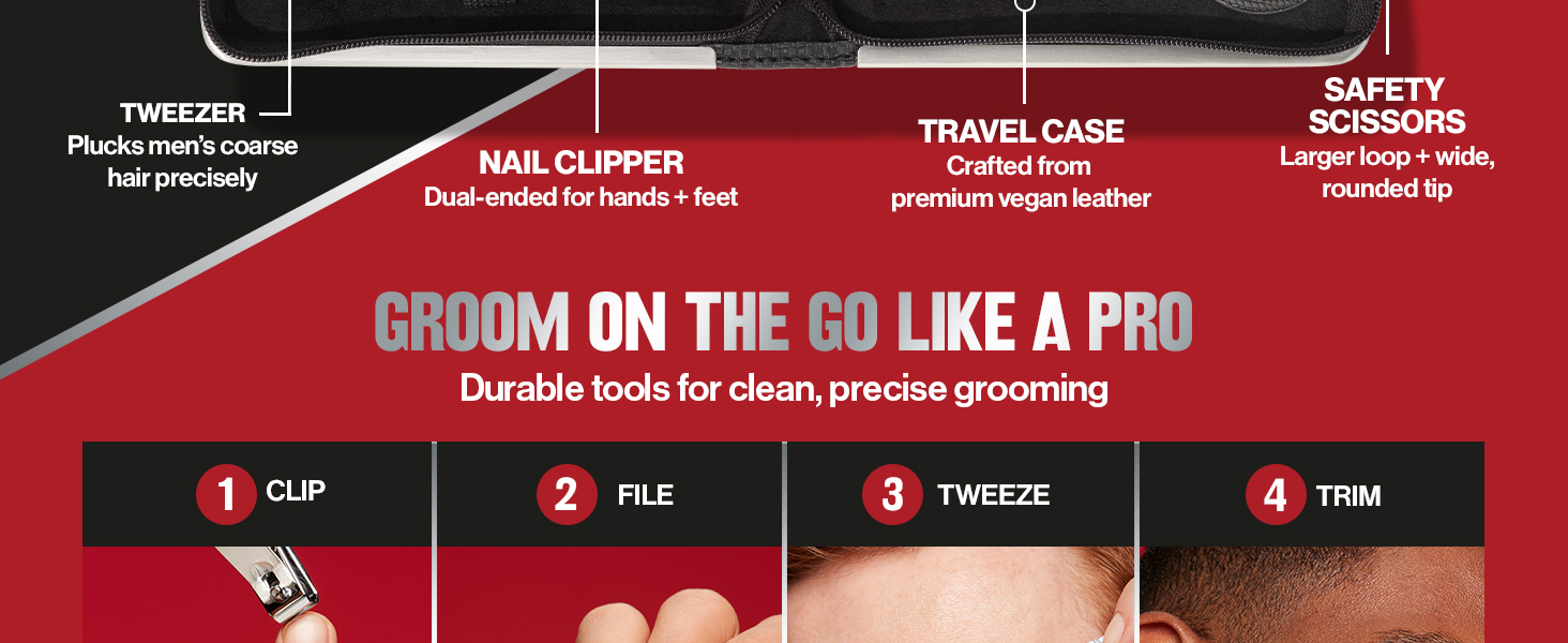 Revlon Men's Grooming Kit, 5-Piece Travel Essentials Set, Includes Nail Clippers, Scissors, File, Tweezers and Carrying Case, Stainless Steel, 1 count