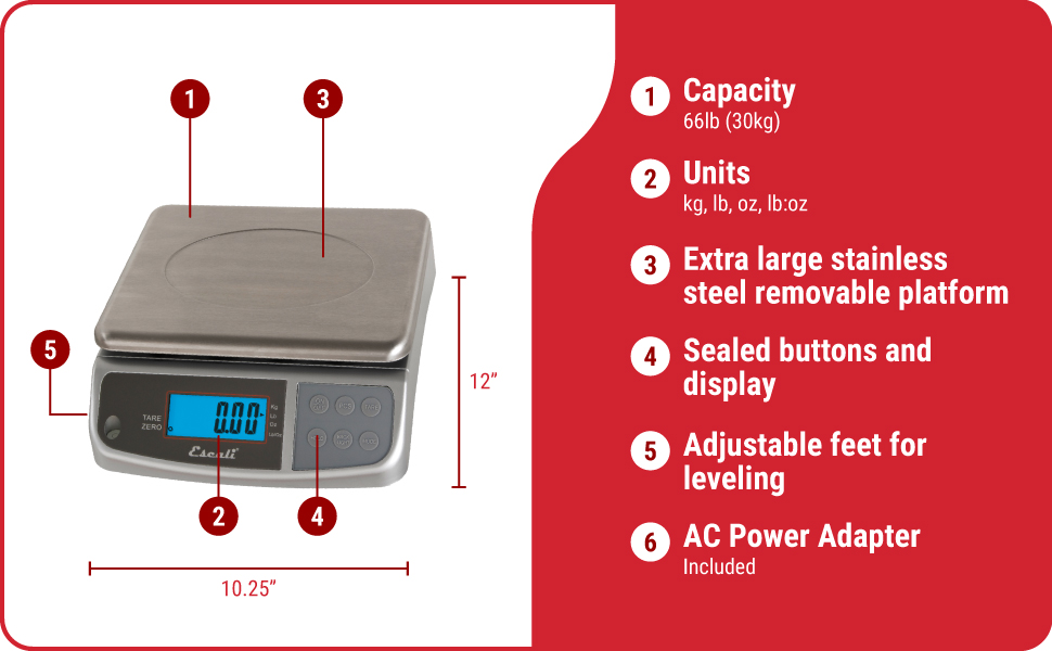 Escali M-Series NSF Certified Digital Kitchen & Industrial Scale, 66 lb Capacity, Dual Display, Spill-Proof, Stainless Steel