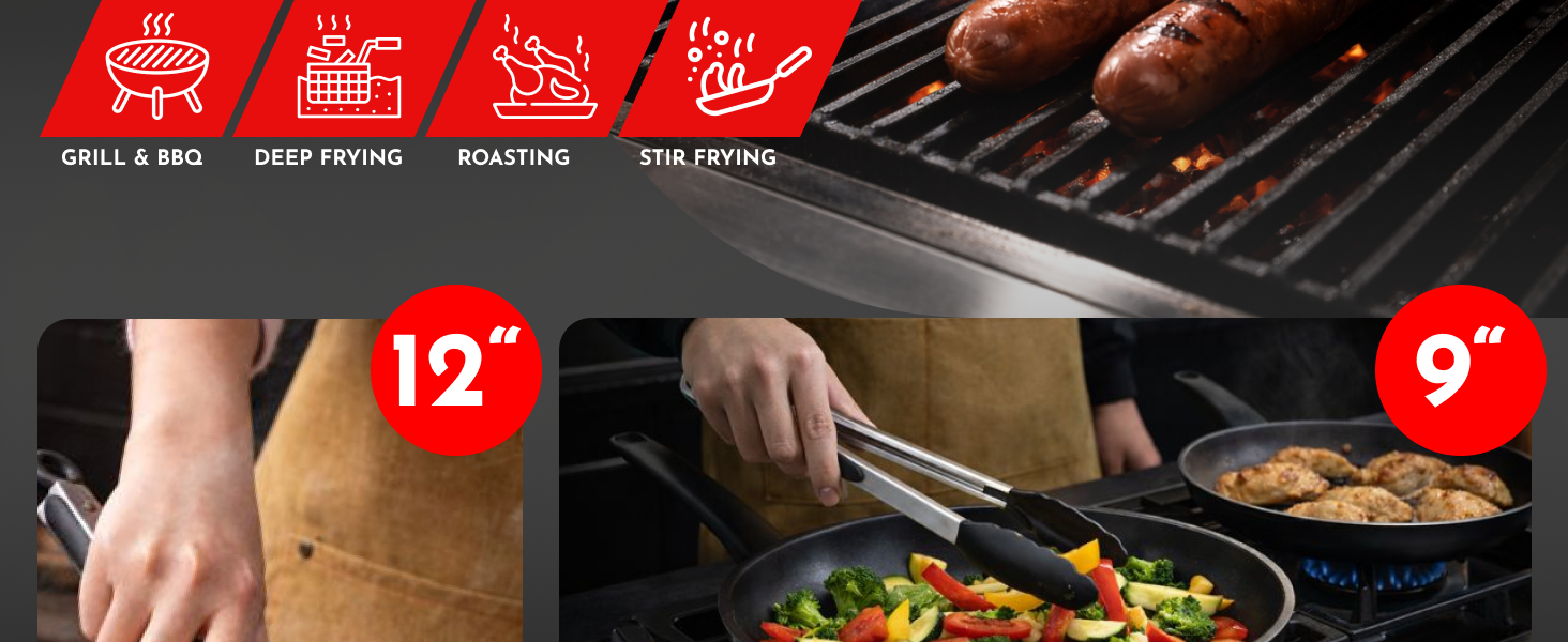 Kitchen Tongs with Silicone Tips Set of 3 Heat Resistant Tongs for Serving Food, 7-Inch, 9-Inch, 12-Inch Locking Silicone Tongs for Cooking, Salad Tong, Black Kitchen Utensils