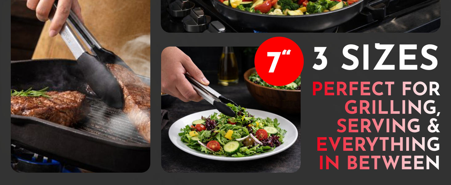 Kitchen Tongs with Silicone Tips Set of 3 Heat Resistant Tongs for Serving Food, 7-Inch, 9-Inch, 12-Inch Locking Silicone Tongs for Cooking, Salad Tong, Black Kitchen Utensils