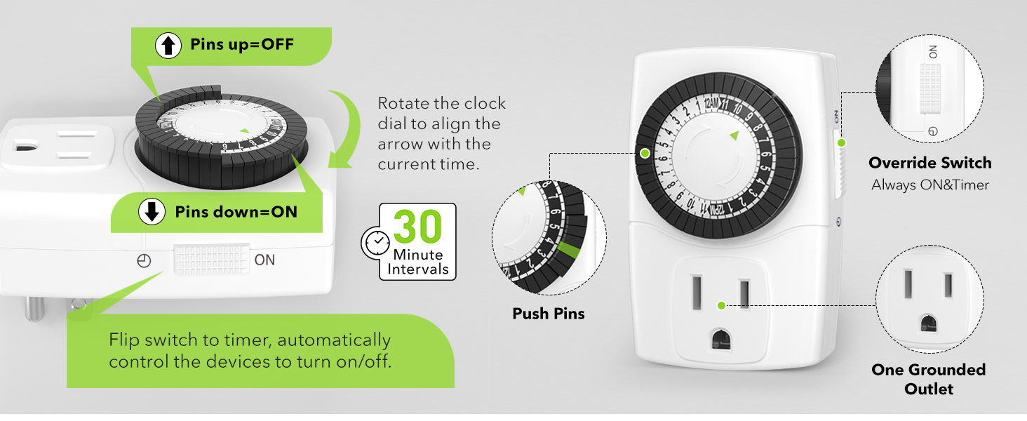BN-LINK BND-60/U47 Indoor Mini 24-Hour Mechanical Outlet Timer, 3-Prong, 2-Pack