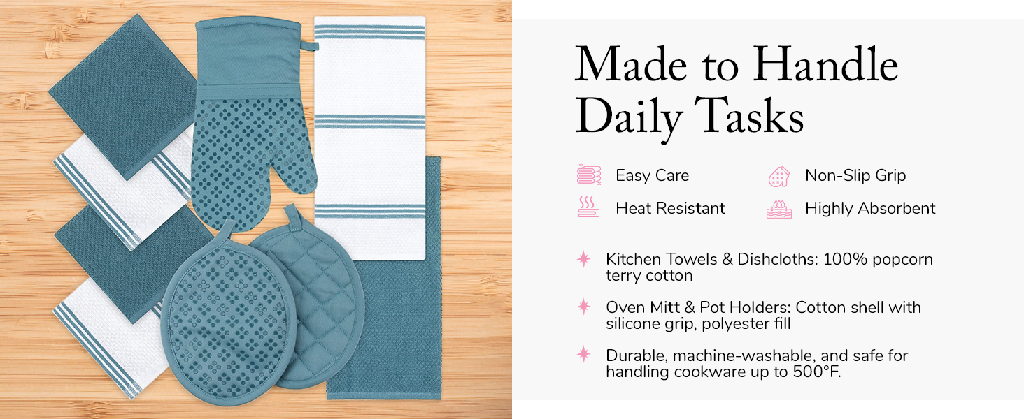 Sticky Toffee 9-Piece Kitchen Set – Gray 100% Cotton Terry Dish Towels, Dishcloths, Oven Mitts, and Pot Holders with Non-Slip Silicone Grip, Oeko-Tex Cotton