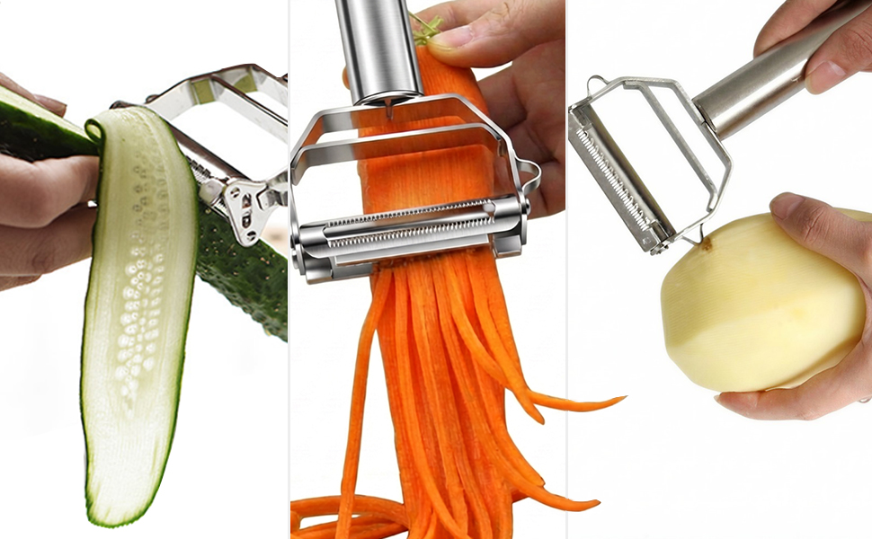 Sunkuka Julienne Peeler Stainless Steel Cutter Slicer with Cleaning Brush Pro for Carrot Potato Melon Gadget Vegetable Fruit