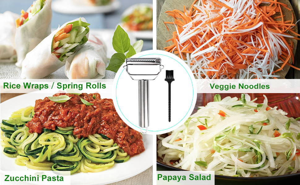 Sunkuka Julienne Peeler Stainless Steel Cutter Slicer with Cleaning Brush Pro for Carrot Potato Melon Gadget Vegetable Fruit