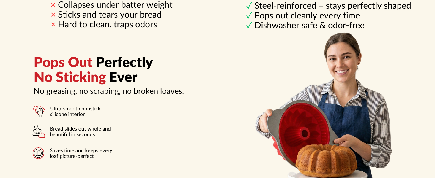 Boxiki Kitchen Premium Non-Stick Silicone Pound Cake Pan – Heavy-Duty Steel Frame, BPA & PFOA Free – Durable Fluted Cake Pan, Moldes para Gelatinas, Pasteles, Flan – No Warping, No Shape Loss