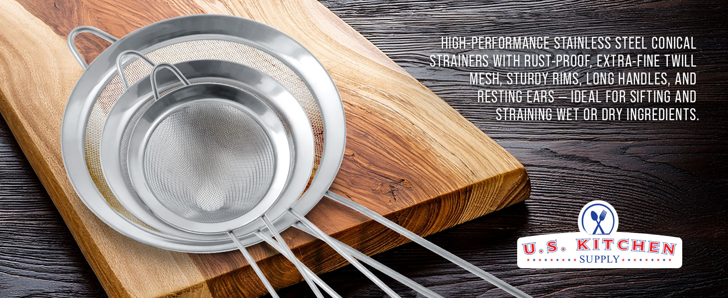 U.S. Kitchen Supply Set of 3 Stainless Steel Conical Strainers - 3