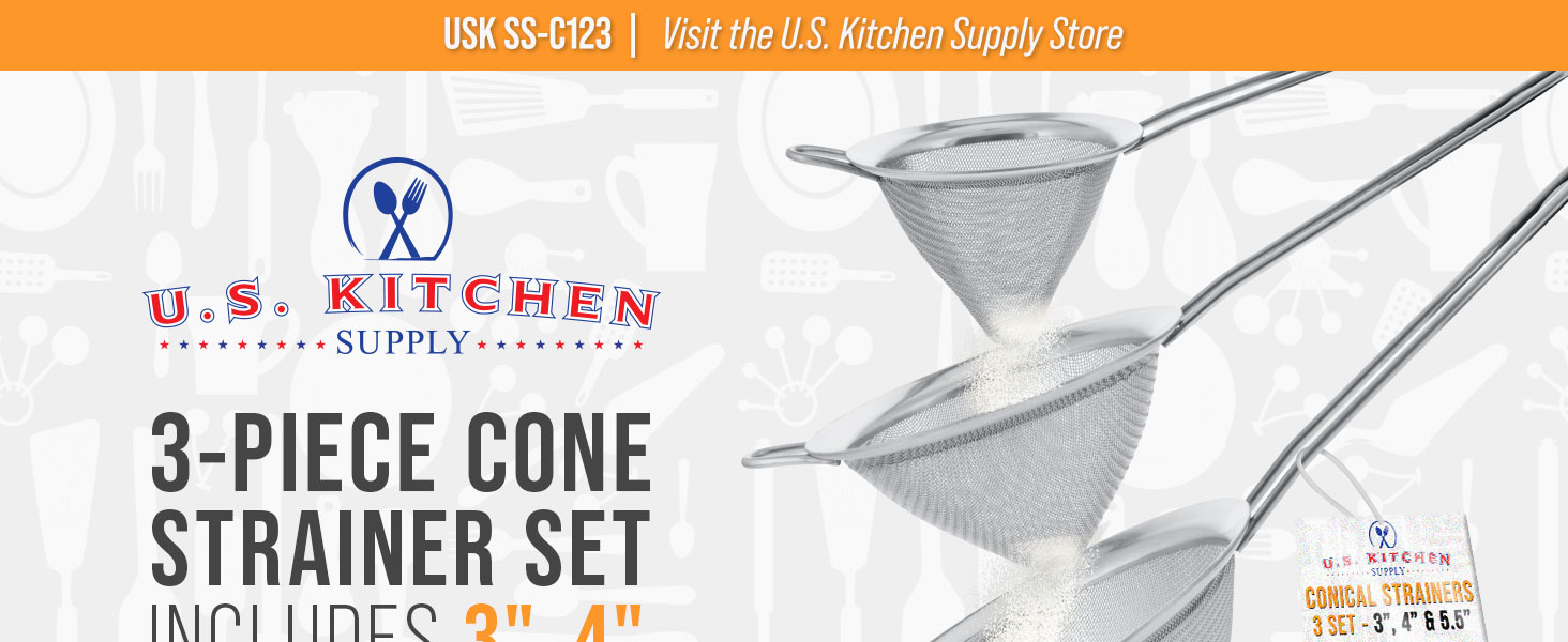 U.S. Kitchen Supply Set of 3 Stainless Steel Conical Strainers - 3