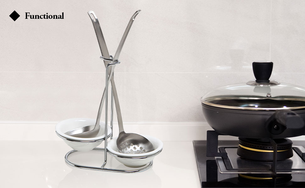 MyGift Set of 2 Ceramic Spoon Rest, Upright Ladle Holder Ceramic Dish with Silver Stainless Steel Rack