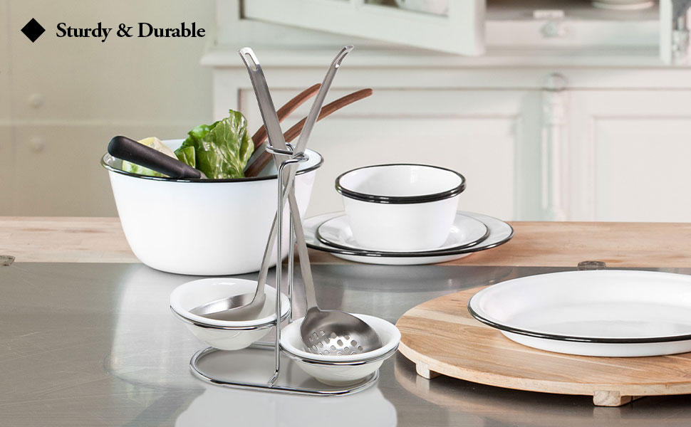 MyGift Set of 2 Ceramic Spoon Rest, Upright Ladle Holder Ceramic Dish with Silver Stainless Steel Rack