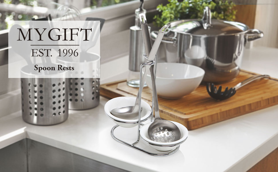 MyGift Set of 2 Ceramic Spoon Rest, Upright Ladle Holder Ceramic Dish with Silver Stainless Steel Rack