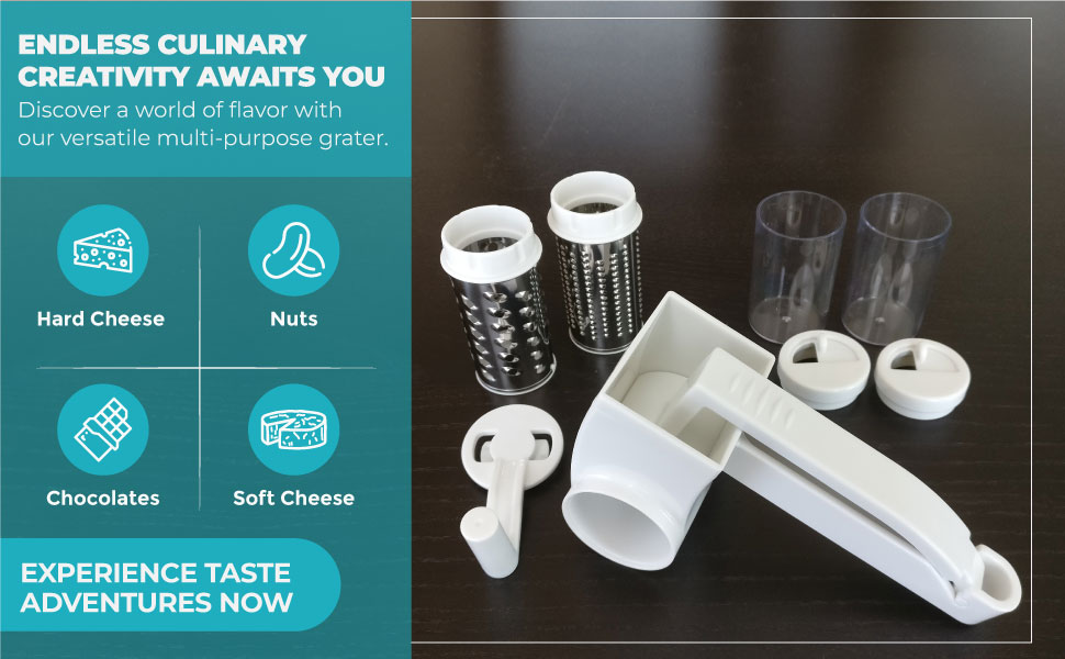 Parmesan Cheese Grater Hand Crank, Restaurant-Grade Rotary Cheese Grater Handheld Italian Style with 2 Stainless Steel Drum Blades is Dishwasher Safe & Easy to Clean