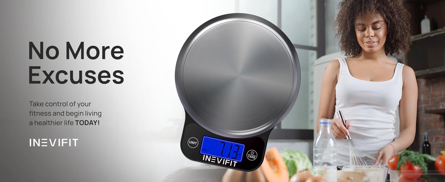 INEVIFIT Digital Kitchen Scale, Highly Accurate Multifunction Food Scale 13 lbs 6kgs Max, Clean Modern Black with Premium Stainless Steel Finish. Includes Batteries