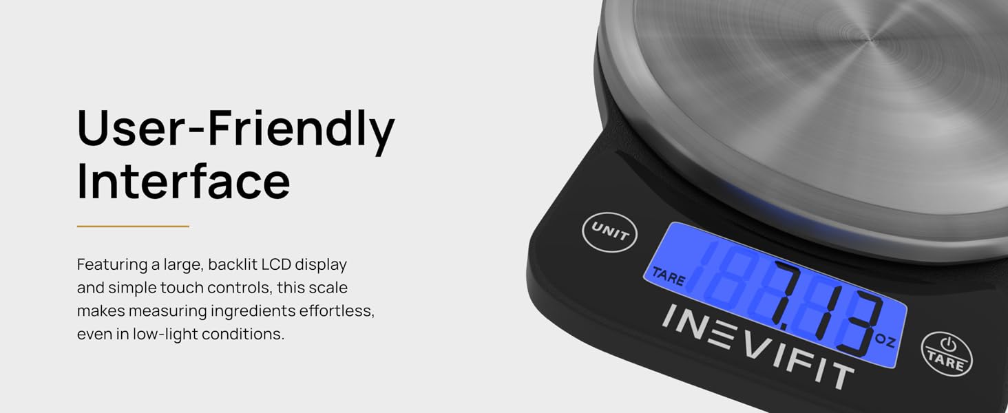 INEVIFIT Digital Kitchen Scale, Highly Accurate Multifunction Food Scale 13 lbs 6kgs Max, Clean Modern Black with Premium Stainless Steel Finish. Includes Batteries