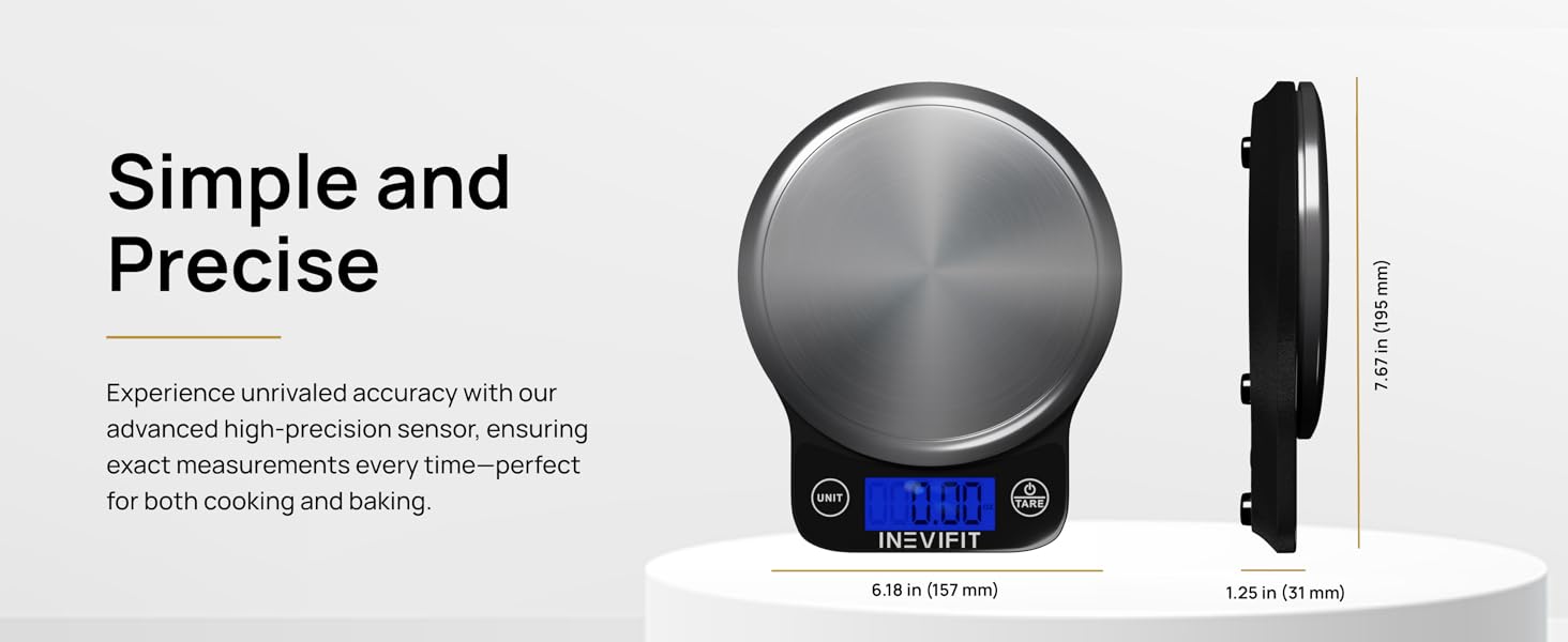 INEVIFIT Digital Kitchen Scale, Highly Accurate Multifunction Food Scale 13 lbs 6kgs Max, Clean Modern Black with Premium Stainless Steel Finish. Includes Batteries