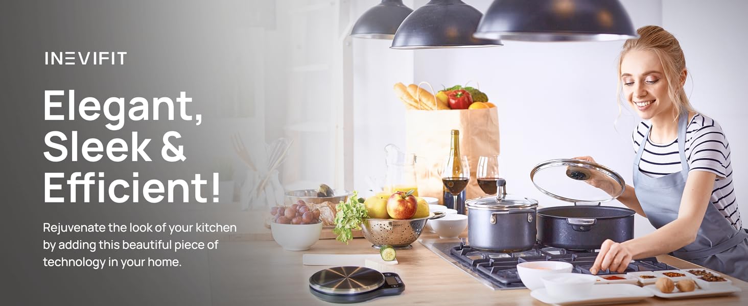 INEVIFIT Digital Kitchen Scale, Highly Accurate Multifunction Food Scale 13 lbs 6kgs Max, Clean Modern Black with Premium Stainless Steel Finish. Includes Batteries