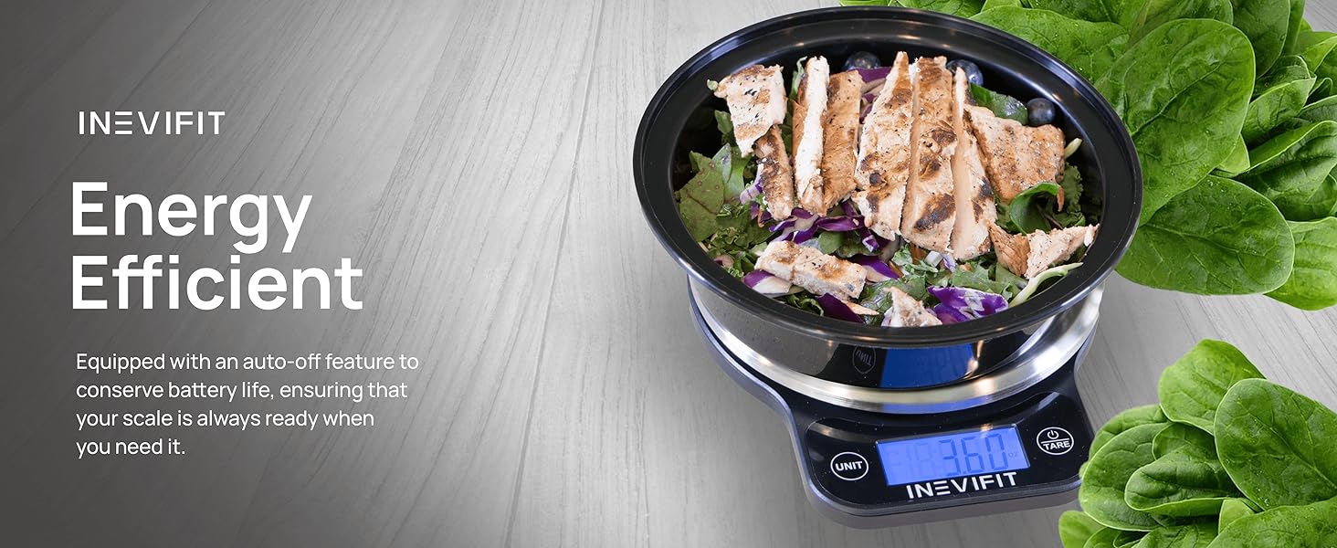 INEVIFIT Digital Kitchen Scale, Highly Accurate Multifunction Food Scale 13 lbs 6kgs Max, Clean Modern Black with Premium Stainless Steel Finish. Includes Batteries