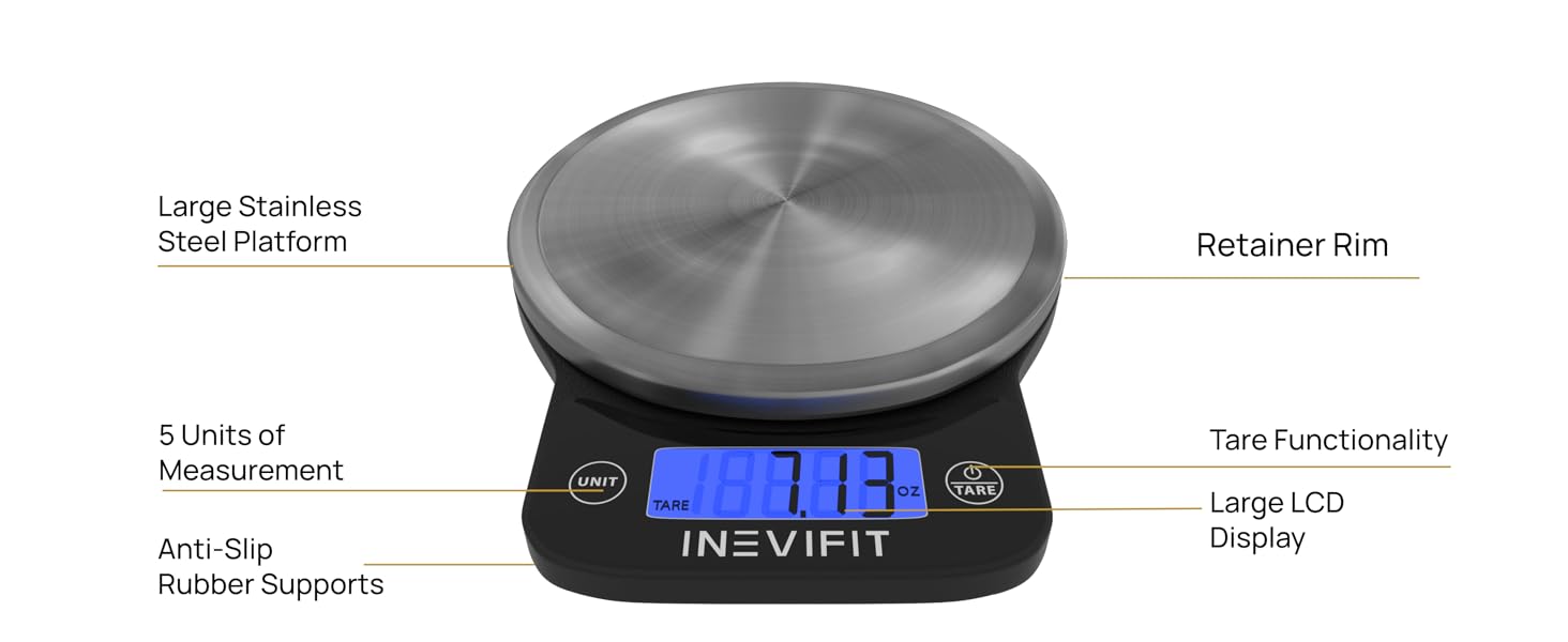 INEVIFIT Digital Kitchen Scale, Highly Accurate Multifunction Food Scale 13 lbs 6kgs Max, Clean Modern Black with Premium Stainless Steel Finish. Includes Batteries