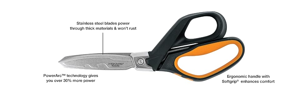 Fiskars Pro PowerArc Shop Shears, Heavy Duty Stainless Steel Scissor, Industrial Grade Tool for Building and Construction, 10 in, Orange/Black