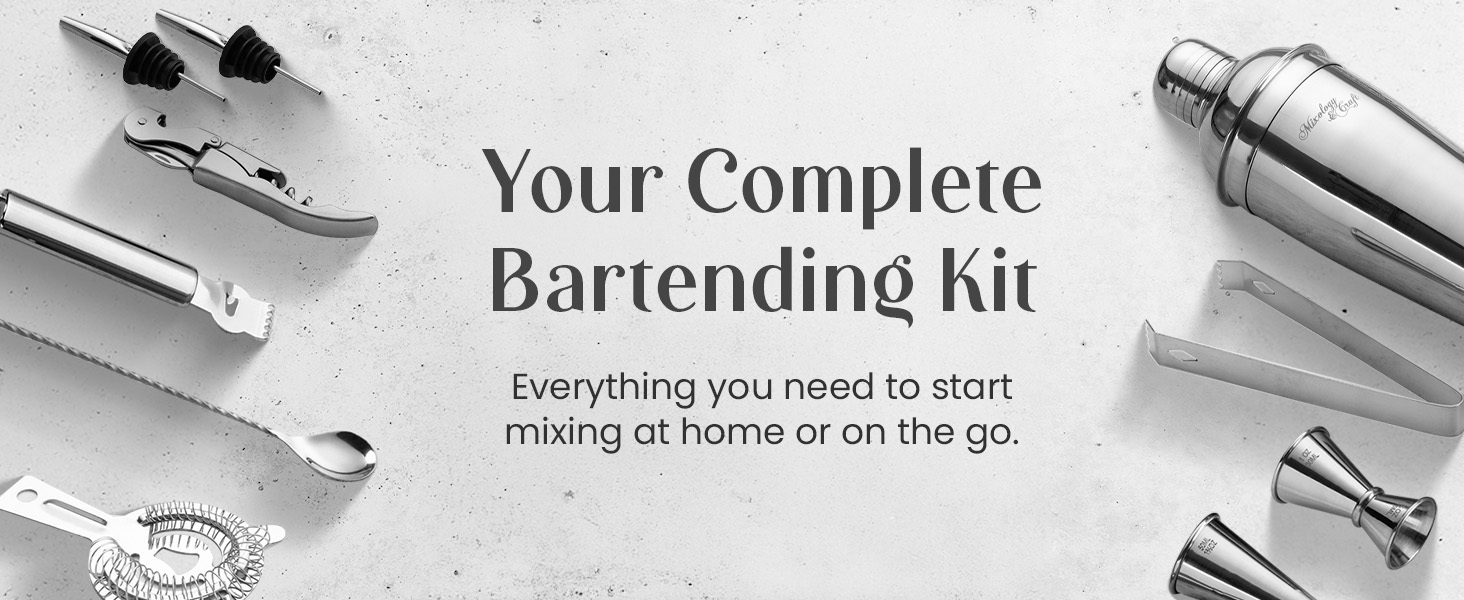 Mixology & Craft 16-Piece Stainless Steel Cocktail Shaker Set, 24 oz Cobbler Martini Shaker, Mixology Bartender Kit with Strainer, Travel Cocktail Kit in Gift-Ready Tube, Bartending Bar Kit Tools