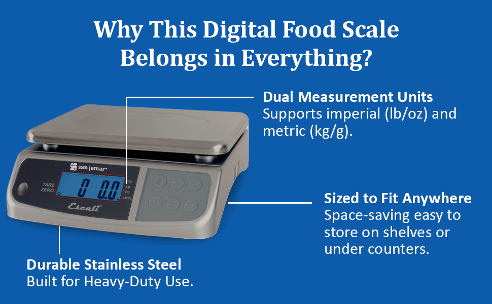 San Jamar Escali Promzr M-Series Digital Scale with Display Hold for Kitchens and Restaurants, Metal, 33 Pound, Silver