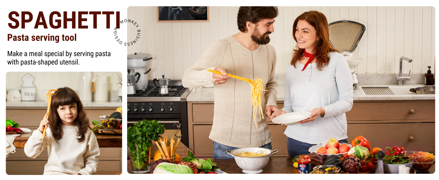 Fun Spaghetti-Shaped Plastic Spaghetti Spoon/Pasta Fork from a Series of Pasta-Inspired Kitchen Gadgets | Cool Pasta Spoon to Claw and Serve Pasta | Original Kitchen Accessories | by Monkey Business