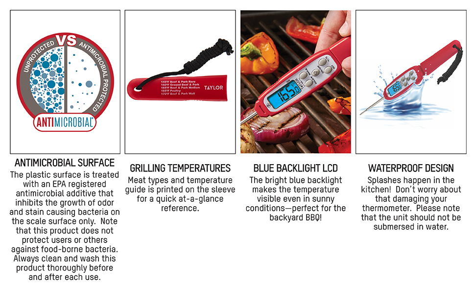 Taylor Digital Instant Read Meat Thermometer for GLP-1 High Protein Meal Prep – Waterproof Kitchen Probe for Chicken, Steak, Lean Cuts, Grill, BBQ – Fast Temperature Check, Blue Backlight Display, Red