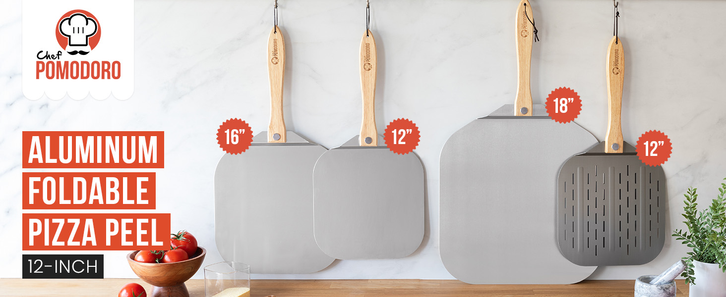 Chef Pomodoro Aluminum Metal Pizza Peel with Foldable Wood Handle for Easy Storage, Pizza Spatula, Gourmet Luxury Pizza Paddle for Baking Homemade Pizza Bread (12 inch)