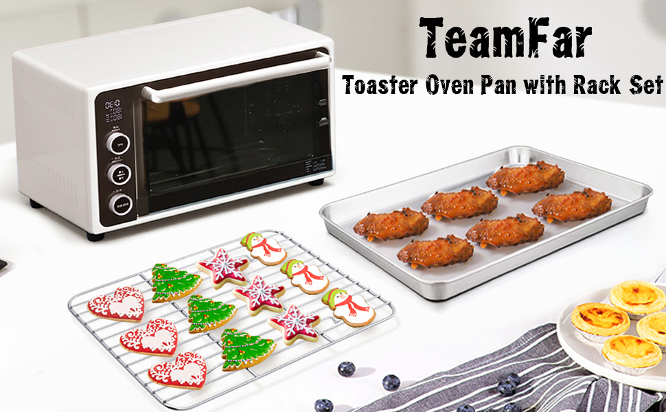 TeamFar Toaster Oven Tray and Rack Set, 9.3’’ x 7’’ x 1’’, Stainless Steel Toaster Oven Pan Broiler Pan, Non Toxic & Healthy, Easy Clean & Dishwasher Safe