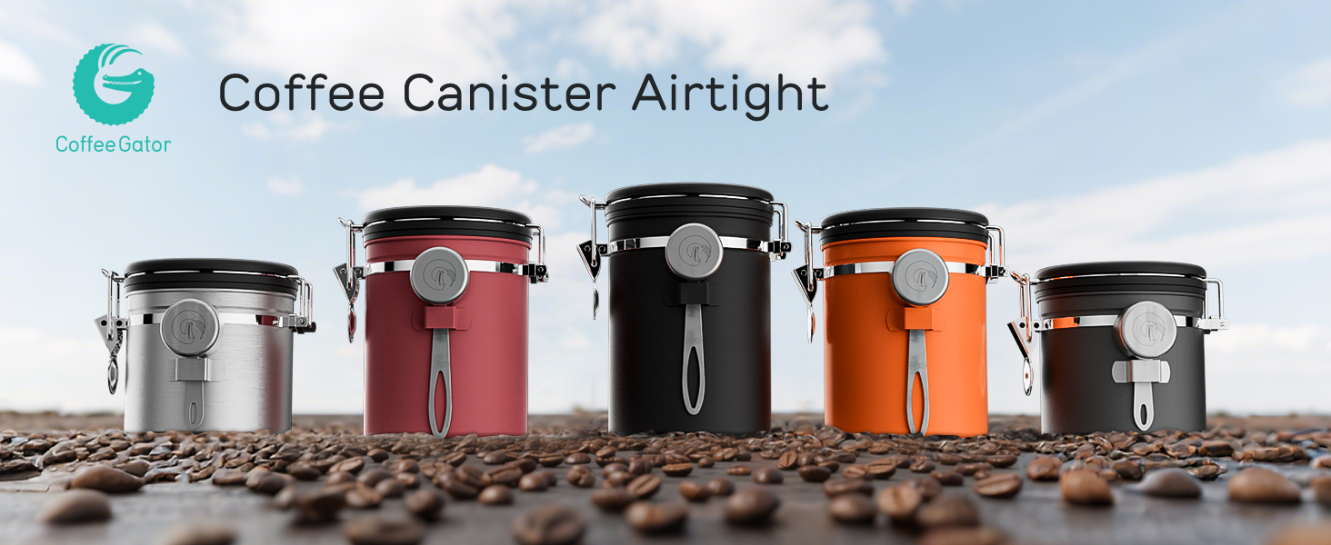 Coffee Gator Coffee Canister, 11oz Airtight Stainless Steel Kitchen Food Storage Container with Date-Tracker, CO2-Release Valve and Scoop for Beans, Grounds, Sugar, Cookies Jars, Tea, Cereal - Gray