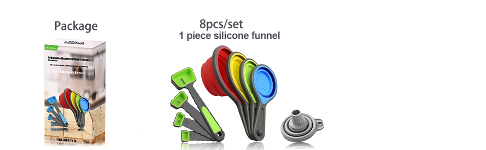 Measuring Cup and Spoon Set, Collapsible Measuring Cup, 8 Piece Measuring Tools and 1 Funnel, Engraved Metric/US Markings, for Liquid and Dry Measurements, Space Saving, BPA Free Silicone, Colorful