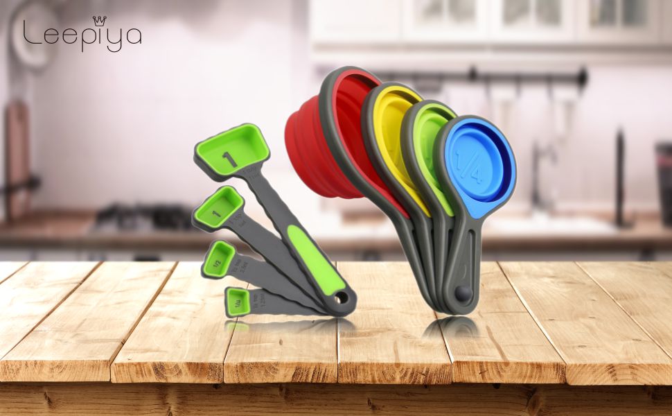 Measuring Cup and Spoon Set, Collapsible Measuring Cup, 8 Piece Measuring Tools and 1 Funnel, Engraved Metric/US Markings, for Liquid and Dry Measurements, Space Saving, BPA Free Silicone, Colorful