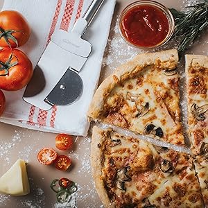 Pizza Cutter Wheel 4 in 1 design, Super Sharp Slicer, very easy to Cut & Serve, all Stainless Steel, Dishwasher safe