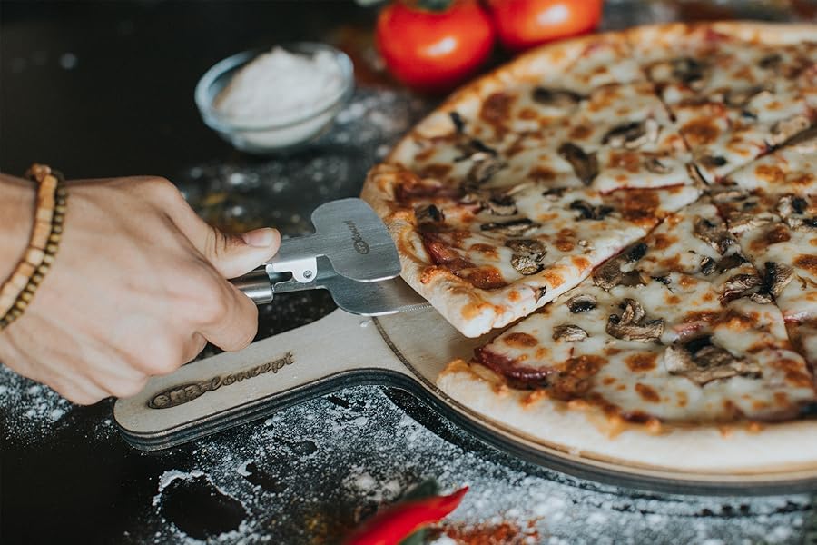 Pizza Cutter Wheel 4 in 1 design, Super Sharp Slicer, very easy to Cut & Serve, all Stainless Steel, Dishwasher safe